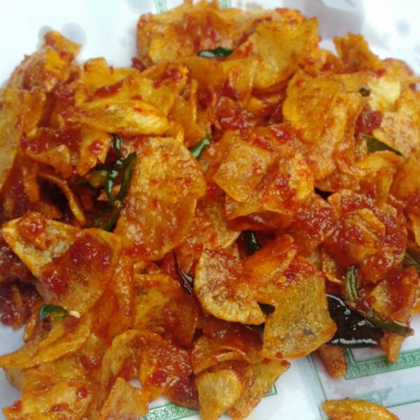 indonesian traditional dishes,keripik kentang balado,spicy dish,traditional potato chips,a crispy potato chips